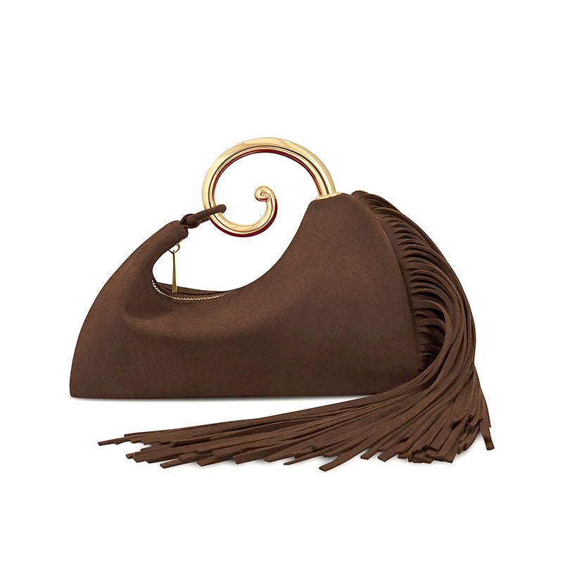 Women's Suede Handbag with Gold Spiral Handle & Fringe