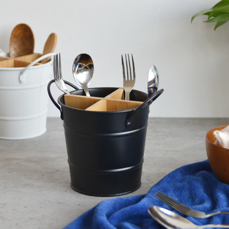 Metal Utensil Bucket with Bamboo Dividers for Kitchen