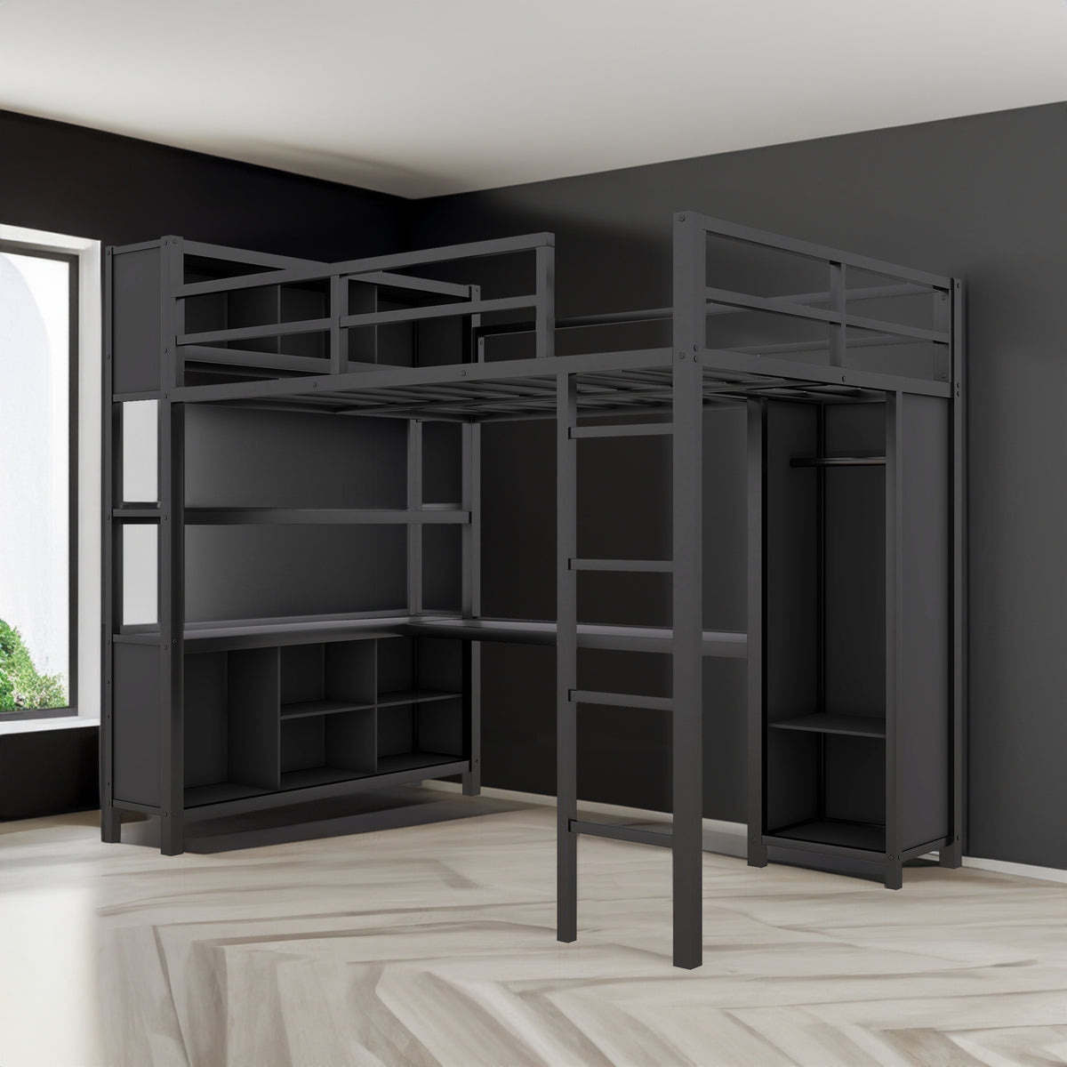 Full-Size Metal Loft Bed with Desk, Wardrobe & Storage