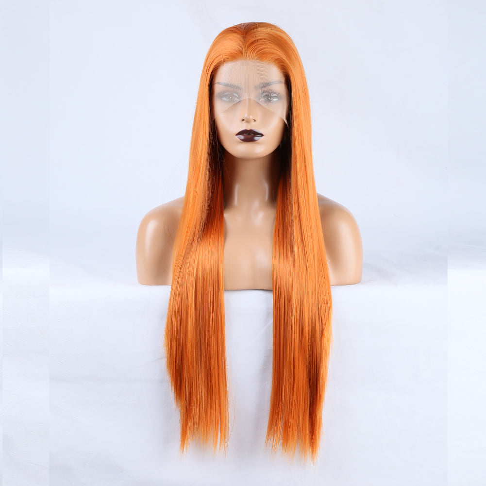 Long Straight Orange Lace-Front Wig With Natural Hairline