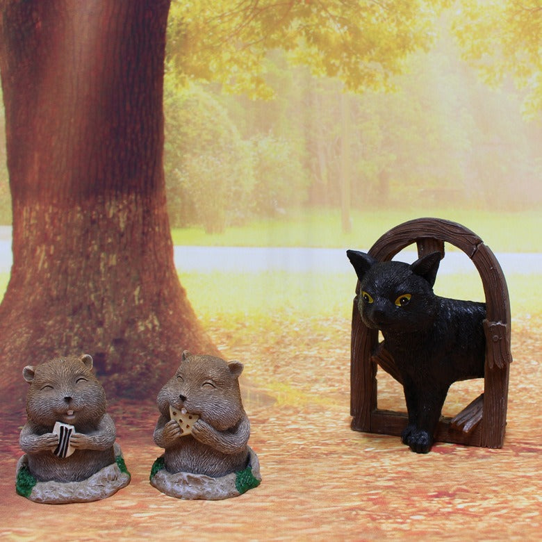 Resin Gopher and Cat Garden Figurines for Flower Beds