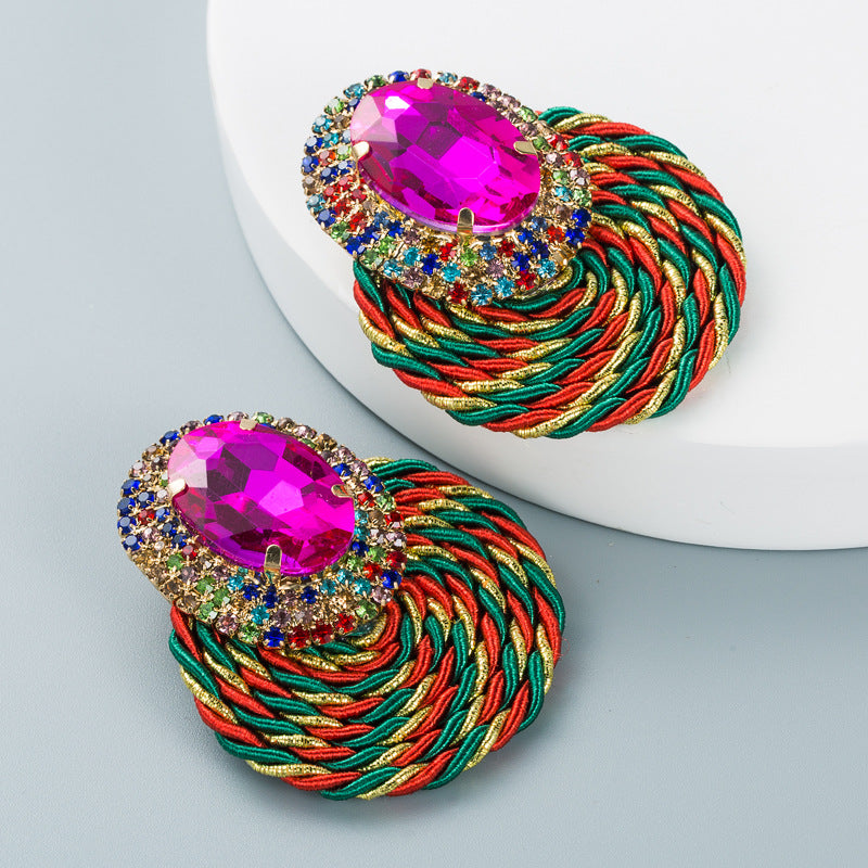 Statement Oval Crystal Earrings | Braided Jewel-Tone