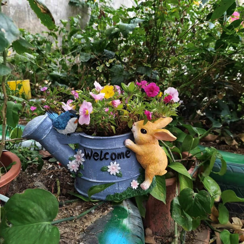 Watering Can Flower Planter with Bunny and Bluebird Decor