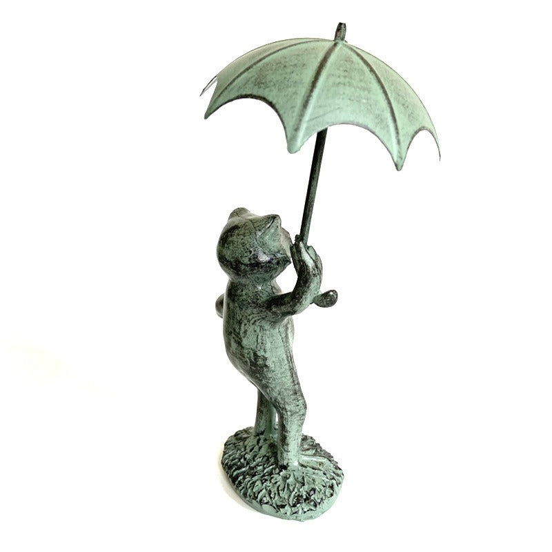 Verdigris Resin Frog Garden Statue with Umbrella Decor