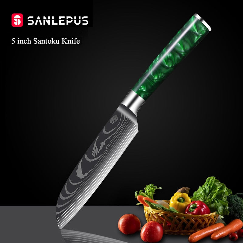 Damascus Pattern Chef Knife Set, 10 Piece Kitchen Knives