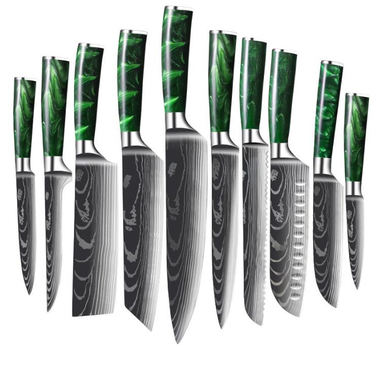 Damascus Pattern Chef Knife Set, 10 Piece Kitchen Knives