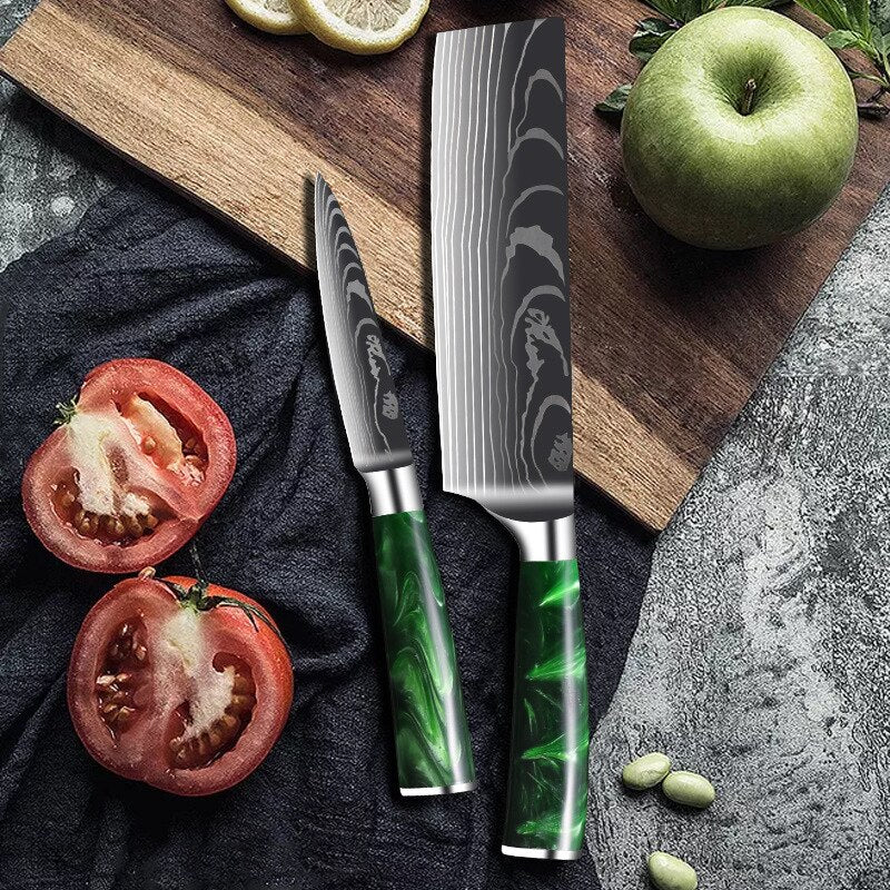 Damascus Pattern Chef Knife Set, 10 Piece Kitchen Knives