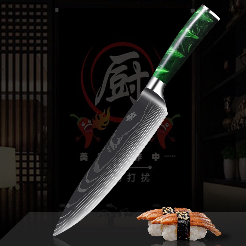 Damascus Pattern Chef Knife Set, 10 Piece Kitchen Knives