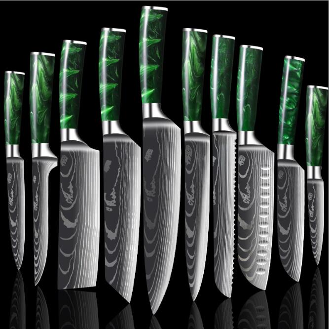 Damascus Pattern Chef Knife Set, 10 Piece Kitchen Knives