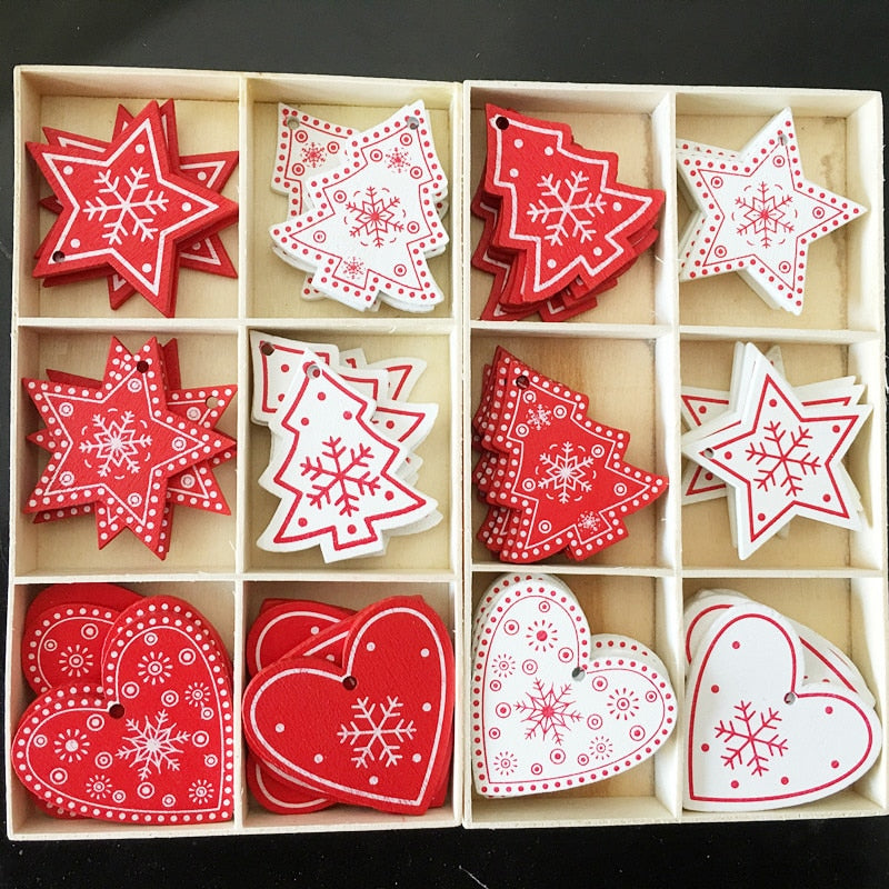Wooden Christmas Tree Ornaments, 10-Piece Coordinated Decor