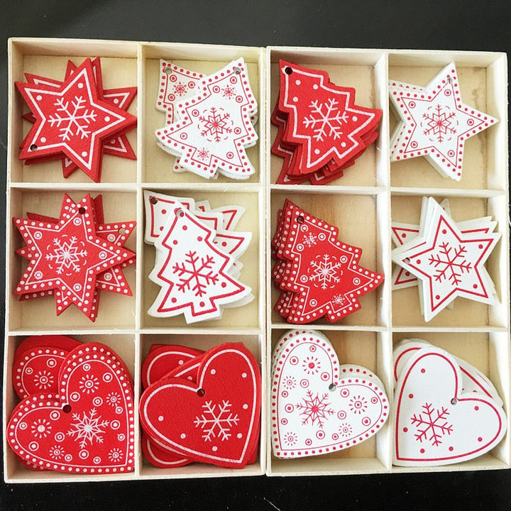 Wooden Christmas Tree Ornaments, 10-Piece Coordinated Decor
