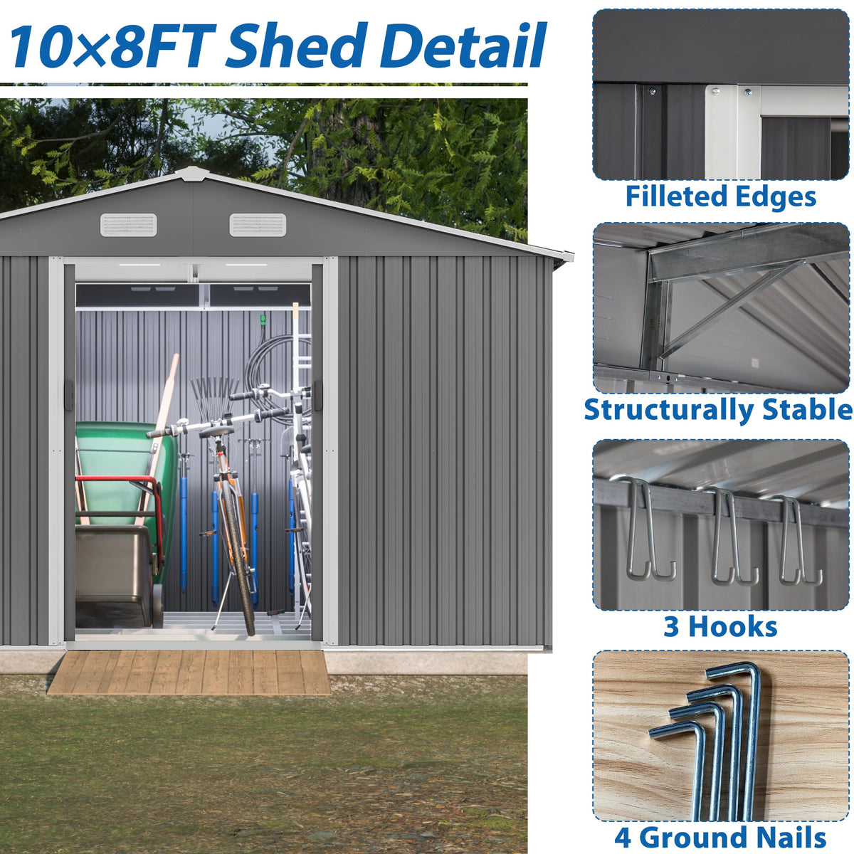 10x8 Ft Metal Outdoor Storage Shed, Lockable Doors