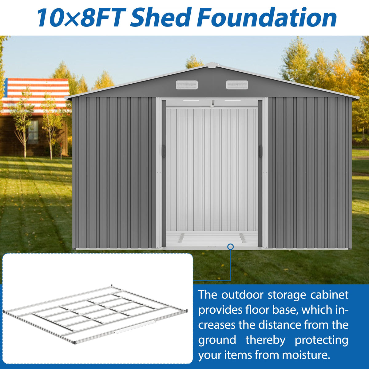 10x8 Ft Metal Outdoor Storage Shed, Lockable Doors