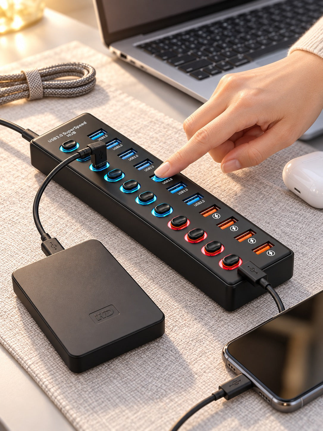11-Port USB 3.0 Hub with Individual On/Off Switches