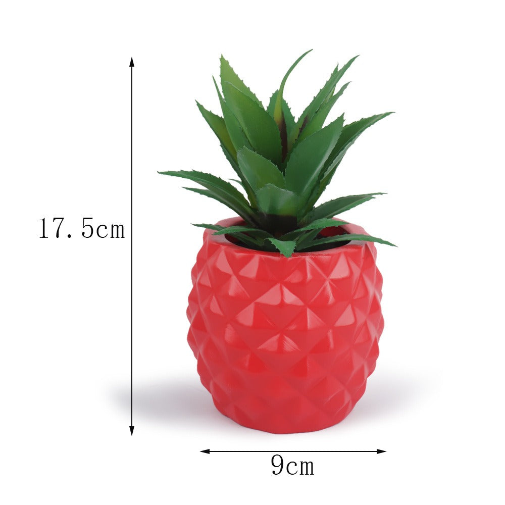 Red Pineapple Planter with Faux Agave for Desk Decor