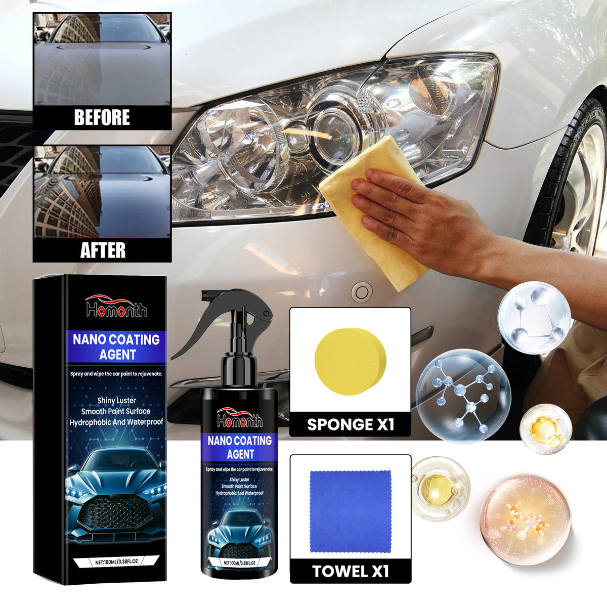 Nano Car Coating Spray for Glossy, Water-Repellent Paint