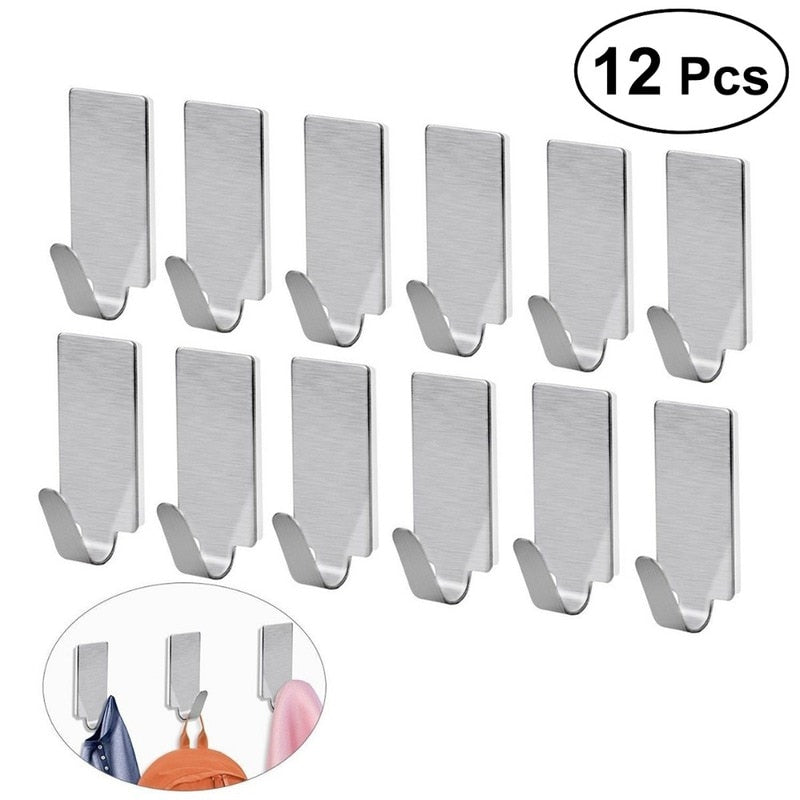 12-Piece Stainless Steel Hooks for No-Drill Wall Storage