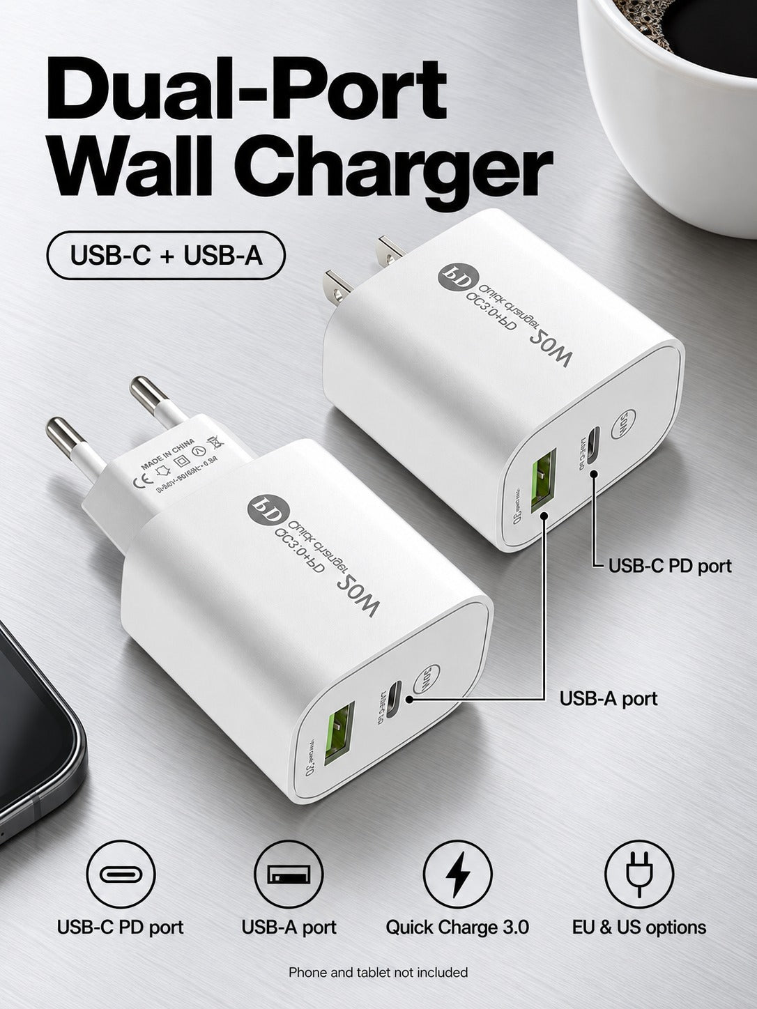 12W USB-C PD Dual-Port Wall Charger with Quick Charge 3.0