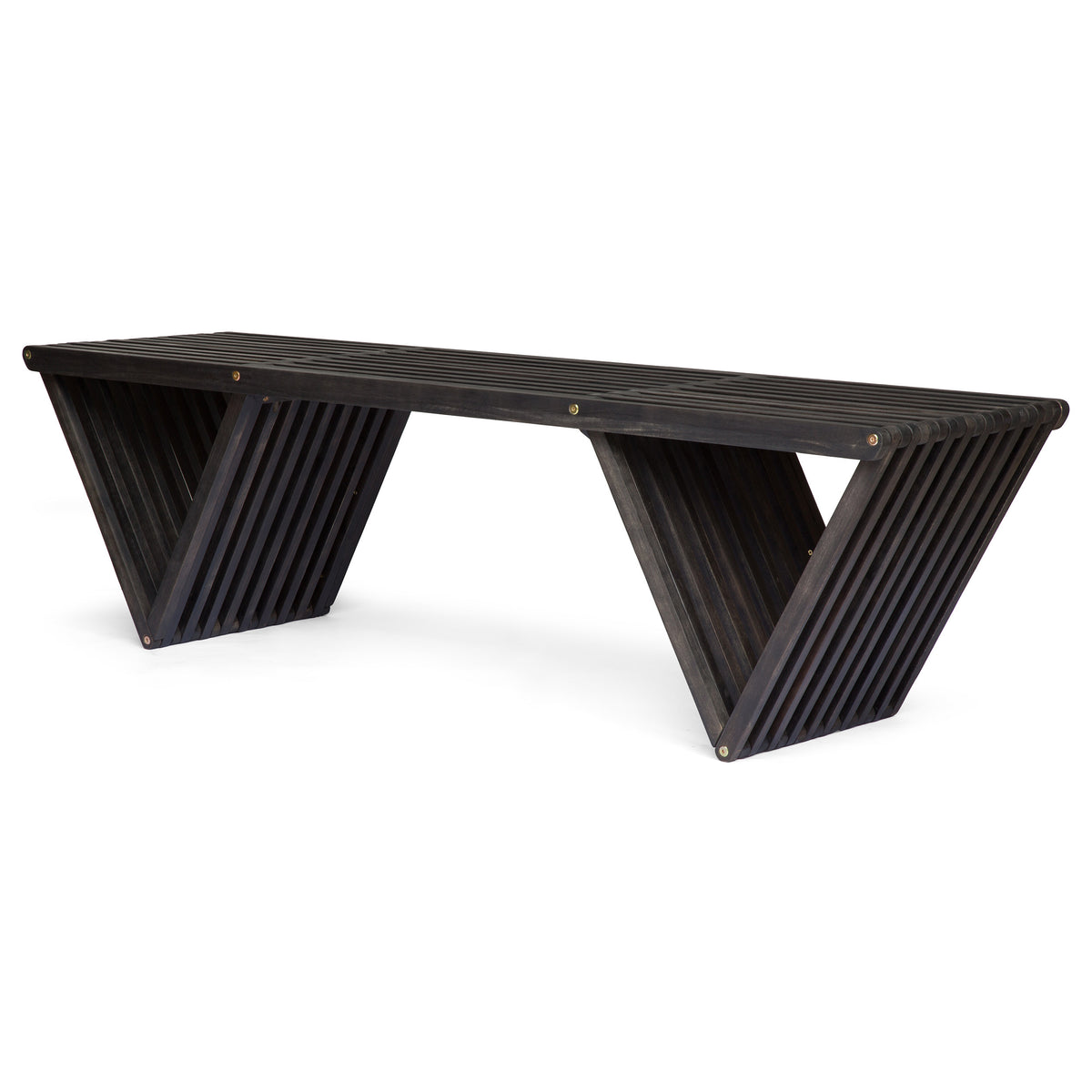 Modern Slatted Outdoor Bench with Sculptural V-Legs