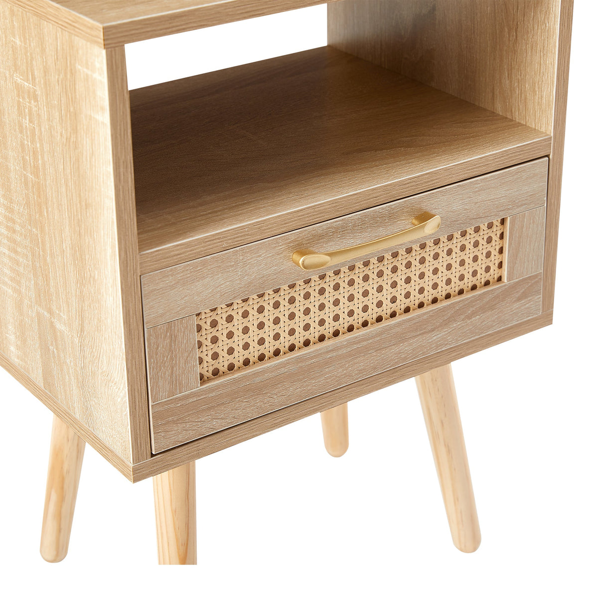 Rattan Nightstand with Drawer & Open Shelf, Boho Style