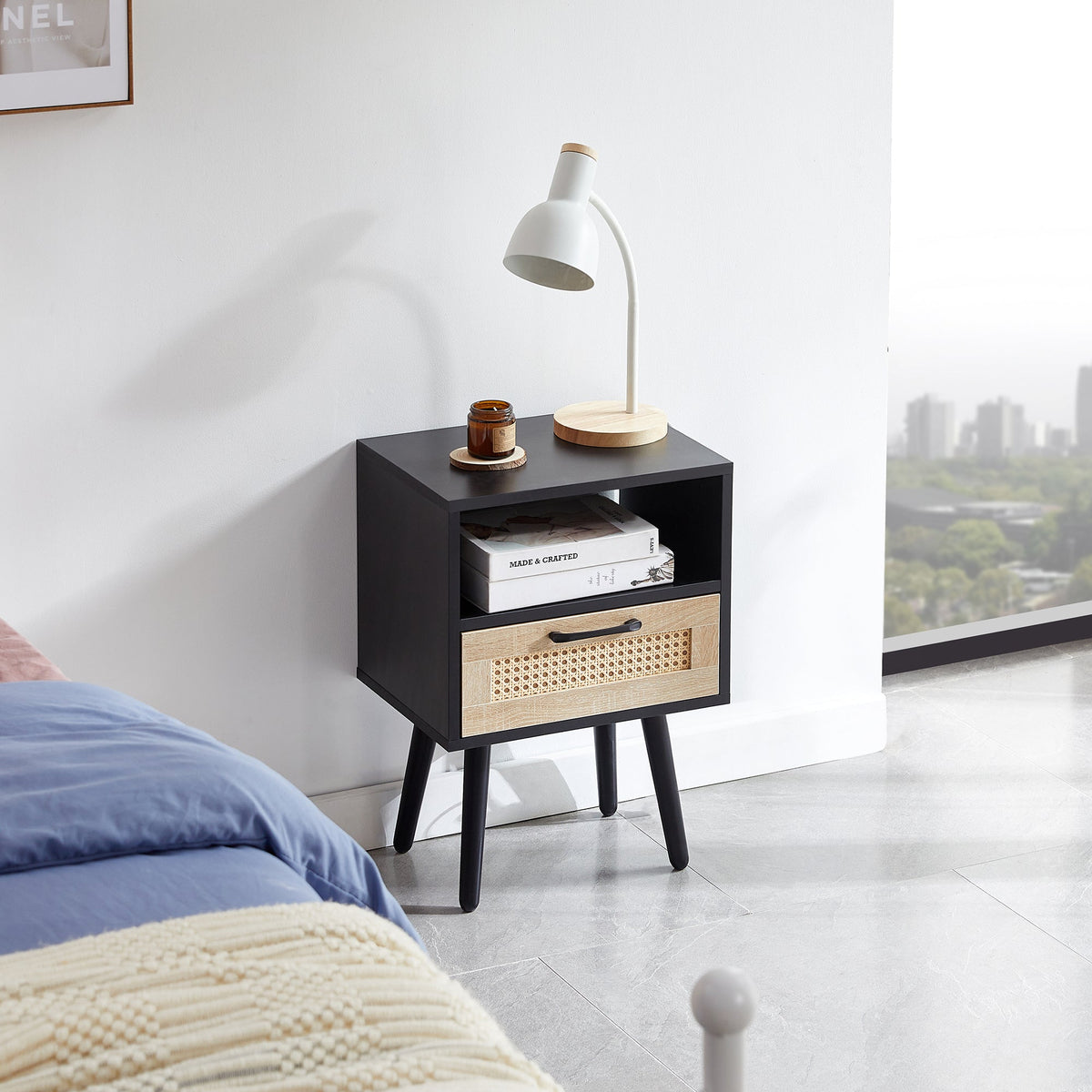 Rattan Nightstand with Drawer, Open Shelf & Wood Legs