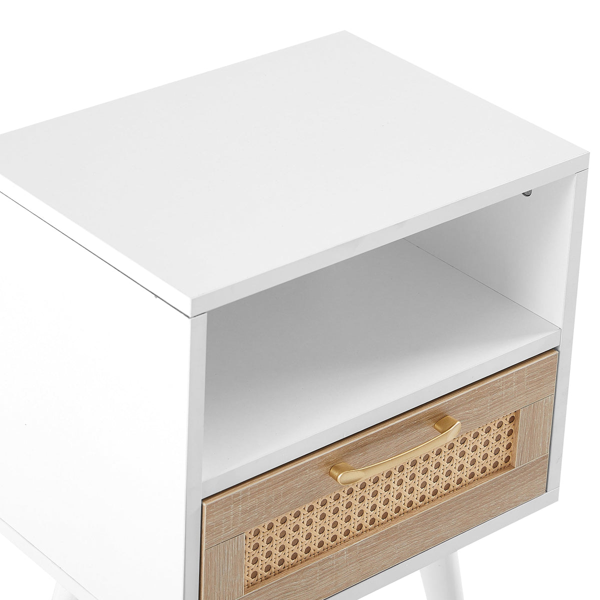 Rattan-Look Nightstand End Table with Drawer and Shelf