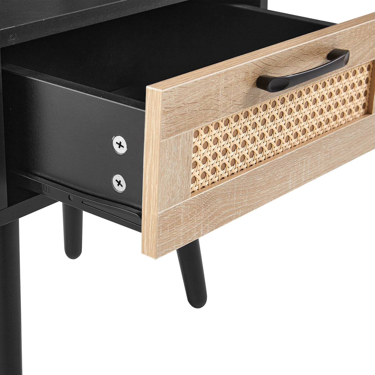 Rattan Nightstand with Drawer, Open Shelf & Wood Legs