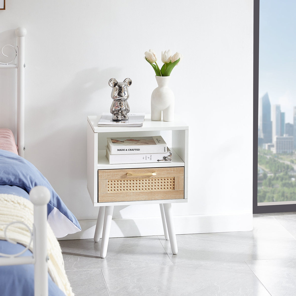 Rattan-Look Nightstand End Table with Drawer and Shelf