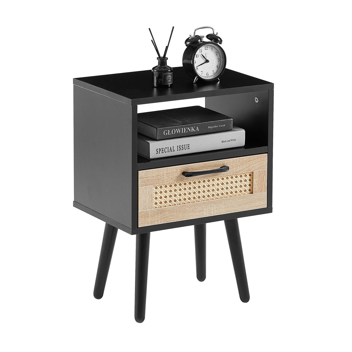 Rattan Nightstand with Drawer, Open Shelf & Wood Legs