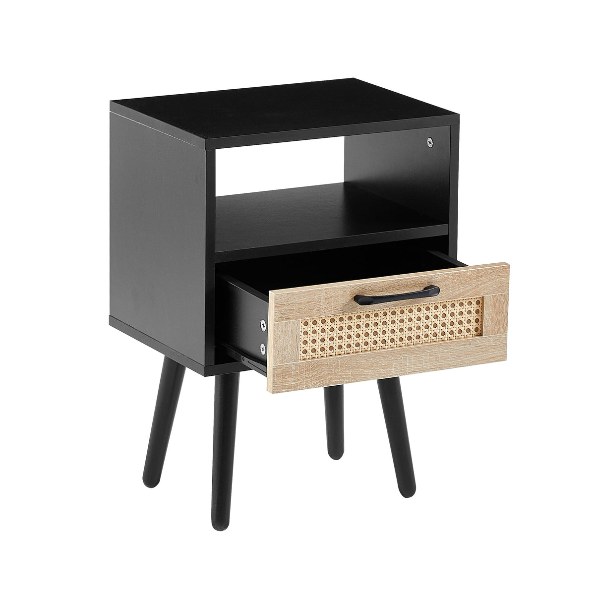 Rattan Nightstand with Drawer, Open Shelf & Wood Legs