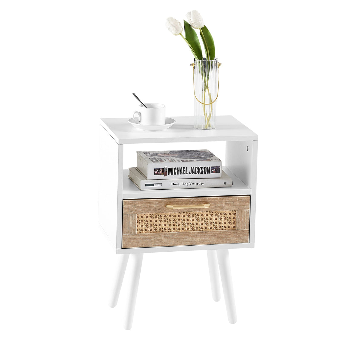 Rattan-Look Nightstand End Table with Drawer and Shelf
