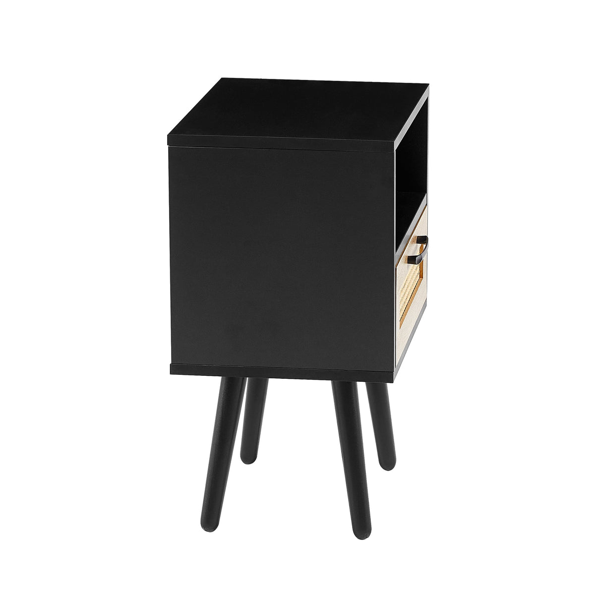 Rattan Nightstand with Drawer, Open Shelf & Wood Legs