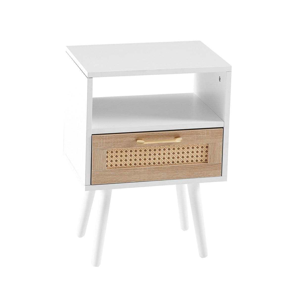 Rattan-Look Nightstand End Table with Drawer and Shelf