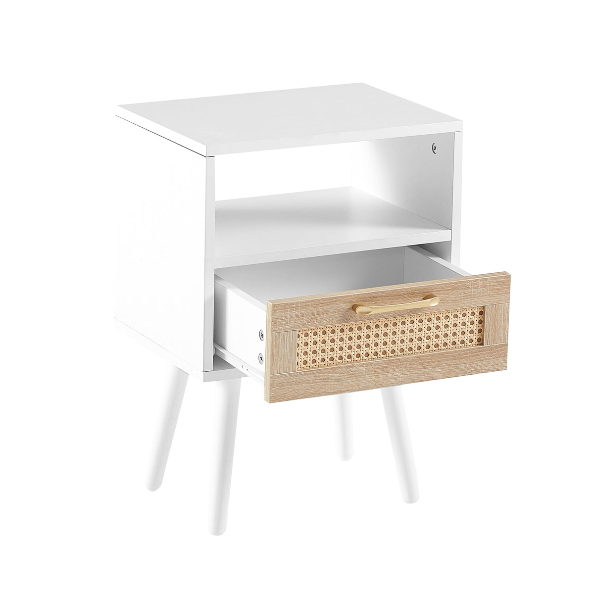 Rattan-Look Nightstand End Table with Drawer and Shelf