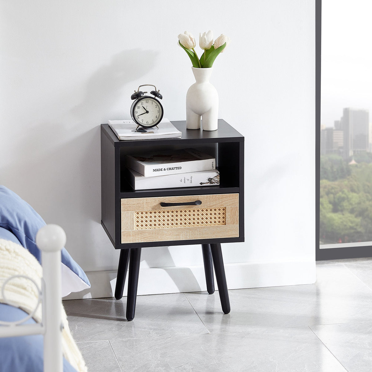 Rattan Nightstand with Drawer, Open Shelf & Wood Legs