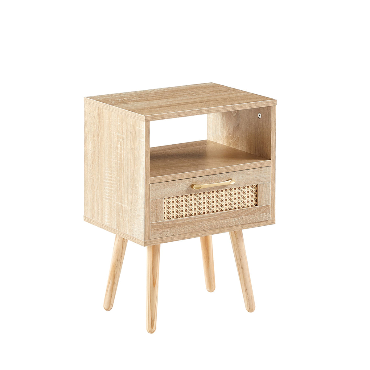 Rattan Nightstand with Drawer & Open Shelf, Boho Style