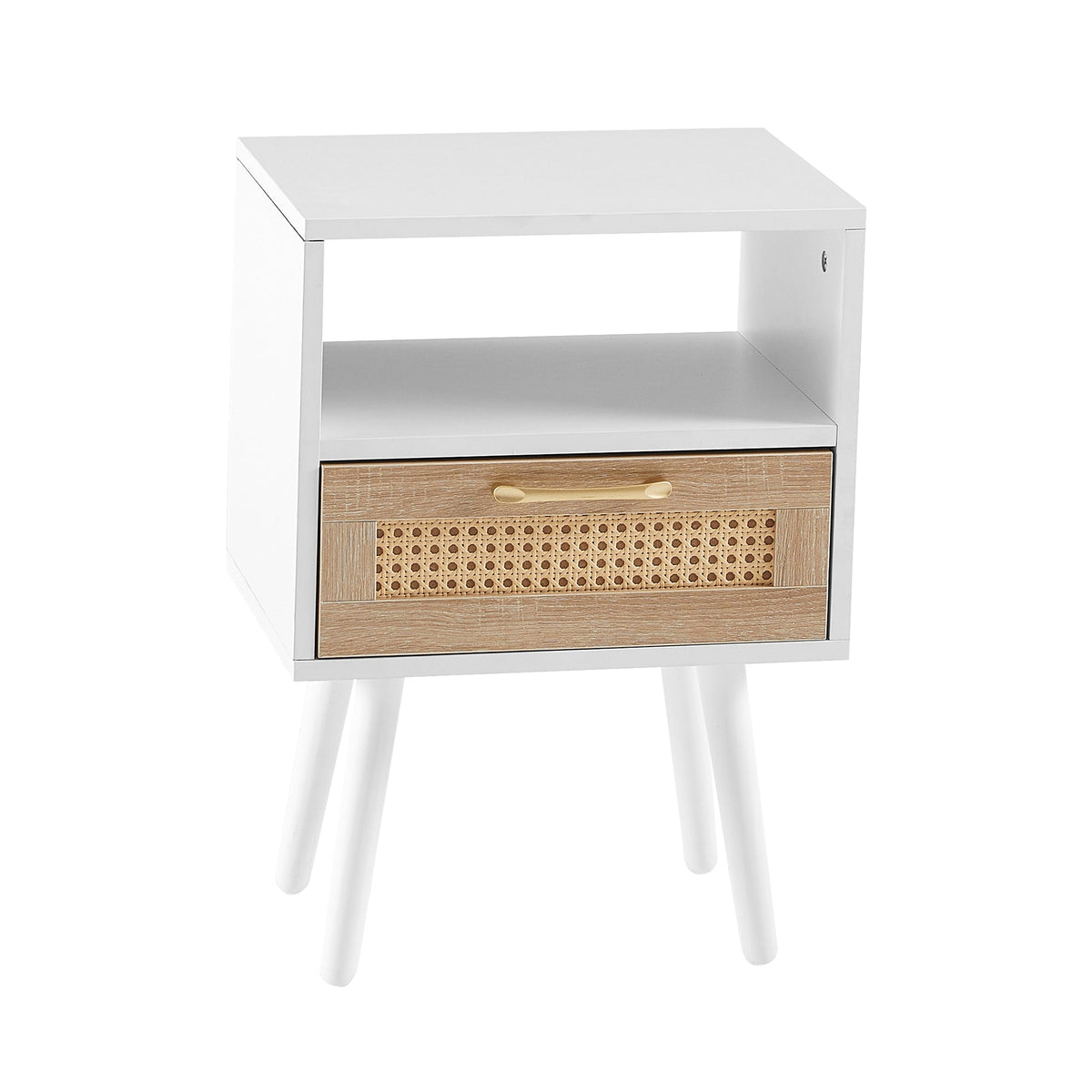 Rattan-Look Nightstand End Table with Drawer and Shelf