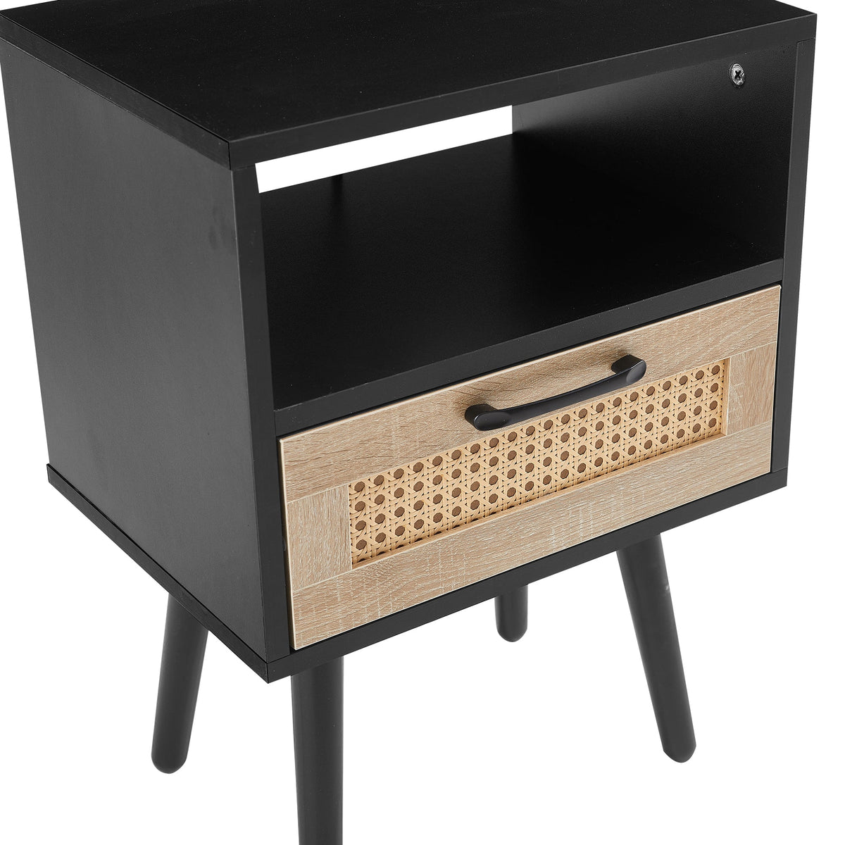 Rattan Nightstand with Drawer, Open Shelf & Wood Legs