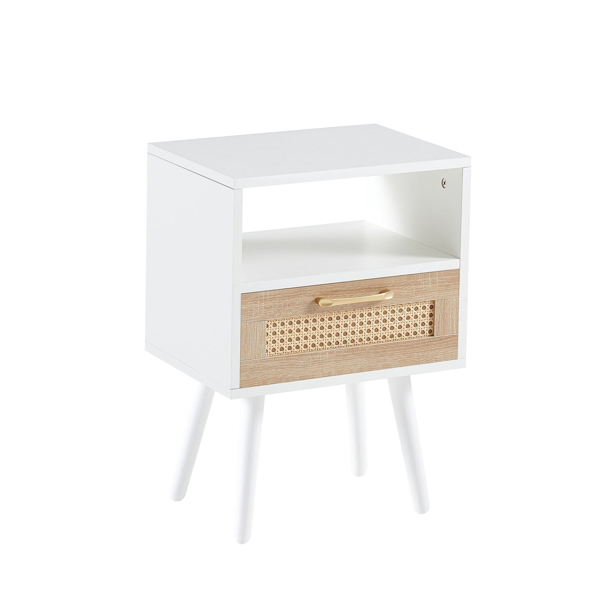 Rattan-Look Nightstand End Table with Drawer and Shelf