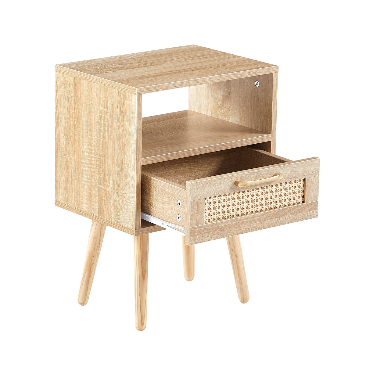 Rattan Nightstand with Drawer & Open Shelf, Boho Style