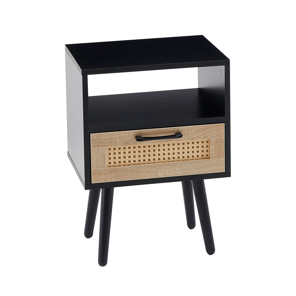 Rattan Nightstand with Drawer, Open Shelf & Wood Legs