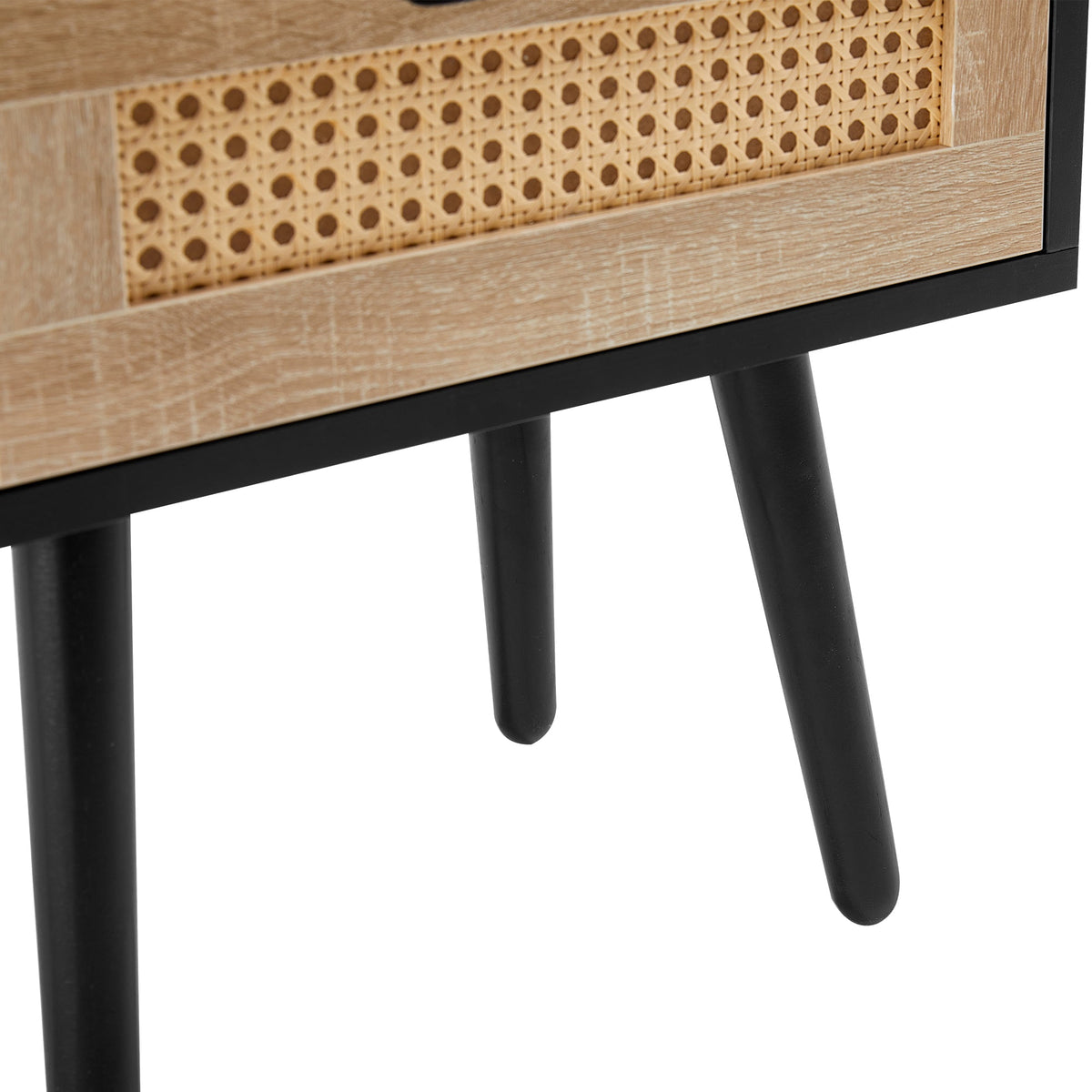 Rattan Nightstand with Drawer, Open Shelf & Wood Legs