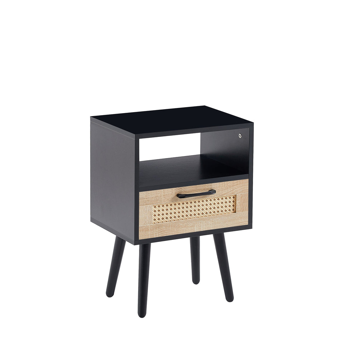 Rattan Nightstand with Drawer, Open Shelf & Wood Legs