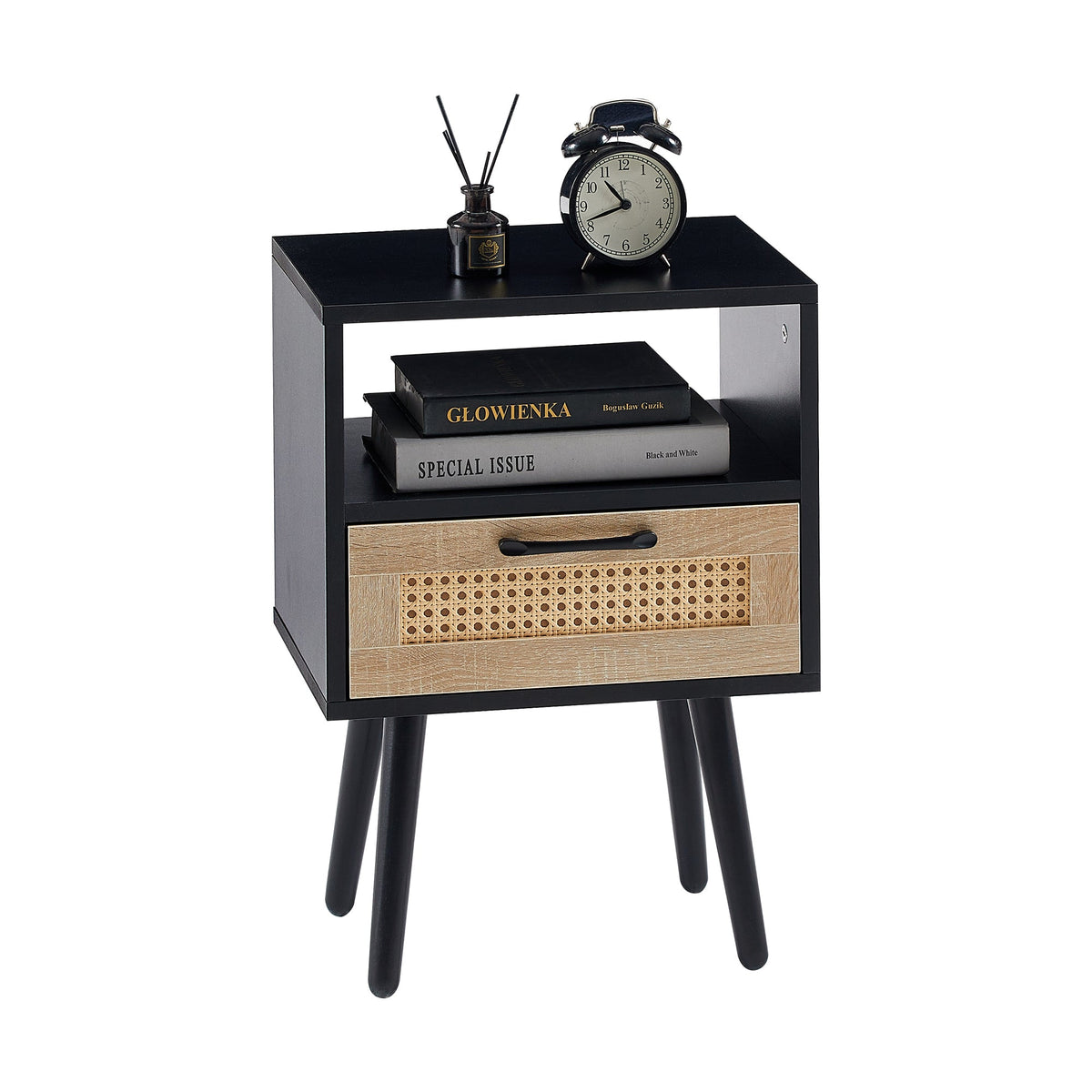 Rattan Nightstand with Drawer, Open Shelf & Wood Legs
