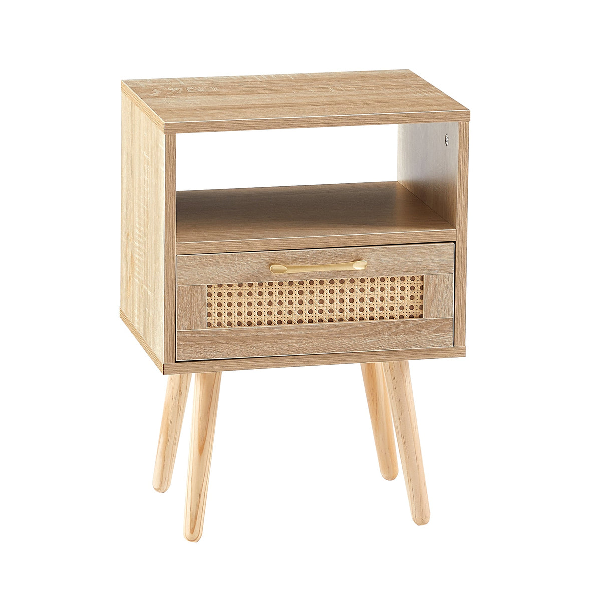 Rattan Nightstand with Drawer & Open Shelf, Boho Style