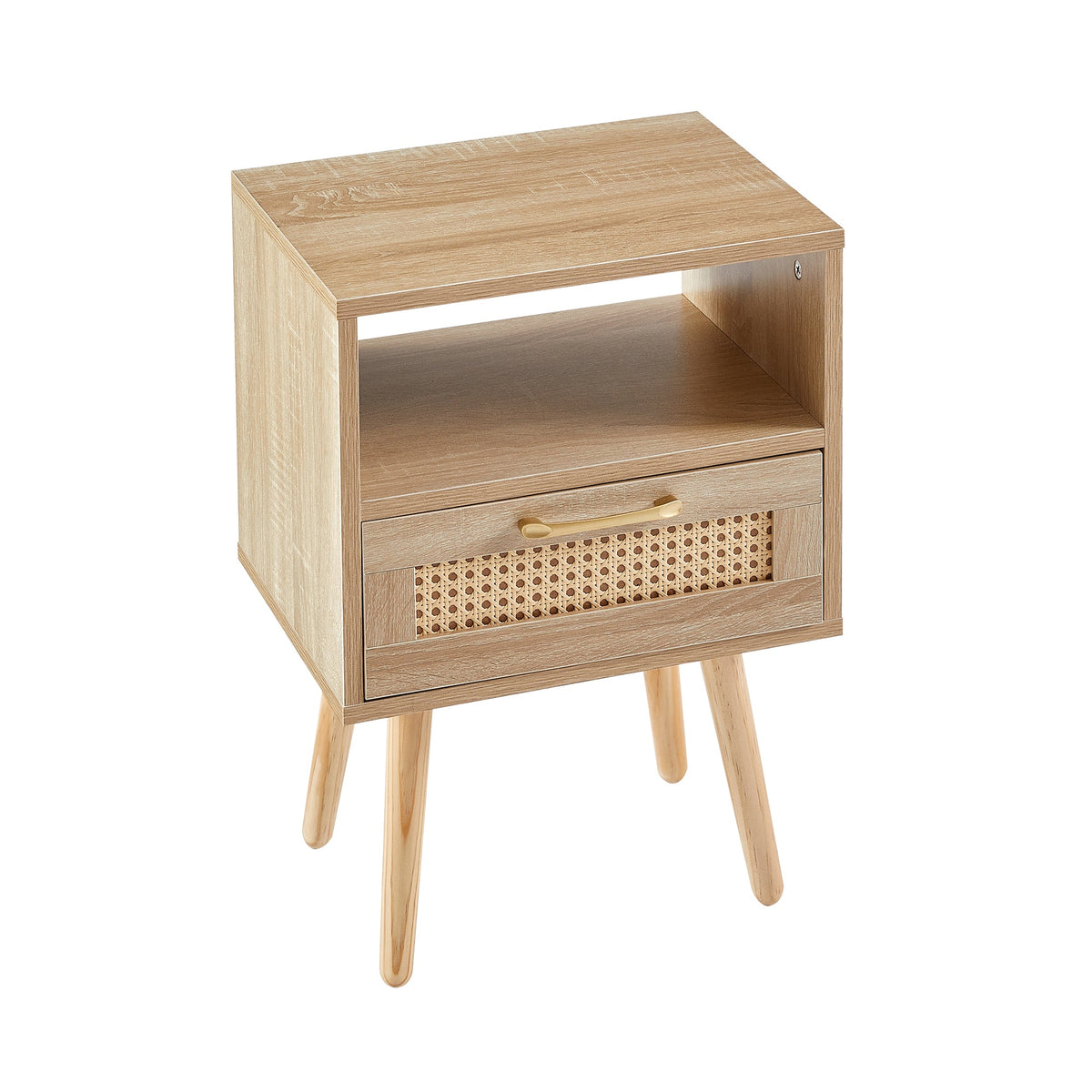 Rattan Nightstand with Drawer & Open Shelf, Boho Style