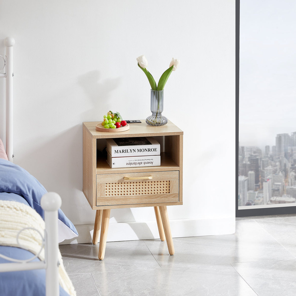 Rattan Nightstand with Outlet and USB Ports