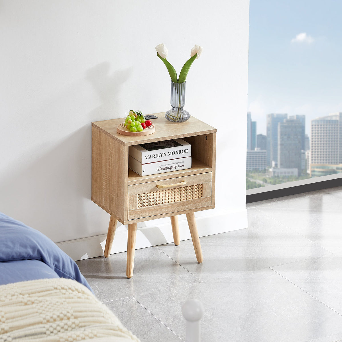 Rattan Nightstand with Outlet and USB Ports