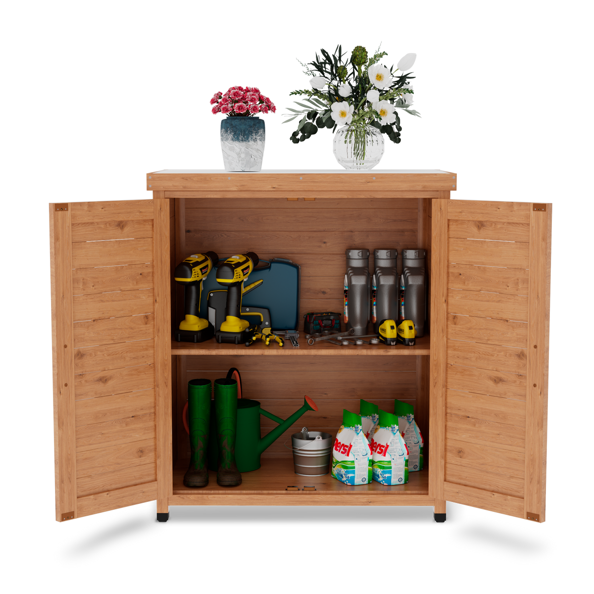 Outdoor Potting Bench with Storage Cabinet and Metal Top