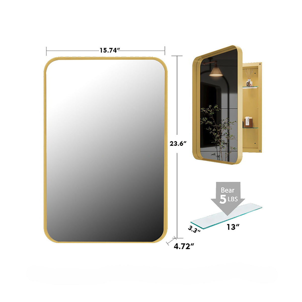 Recessed Medicine Cabinet with Mirror, Matte Gold Frame
